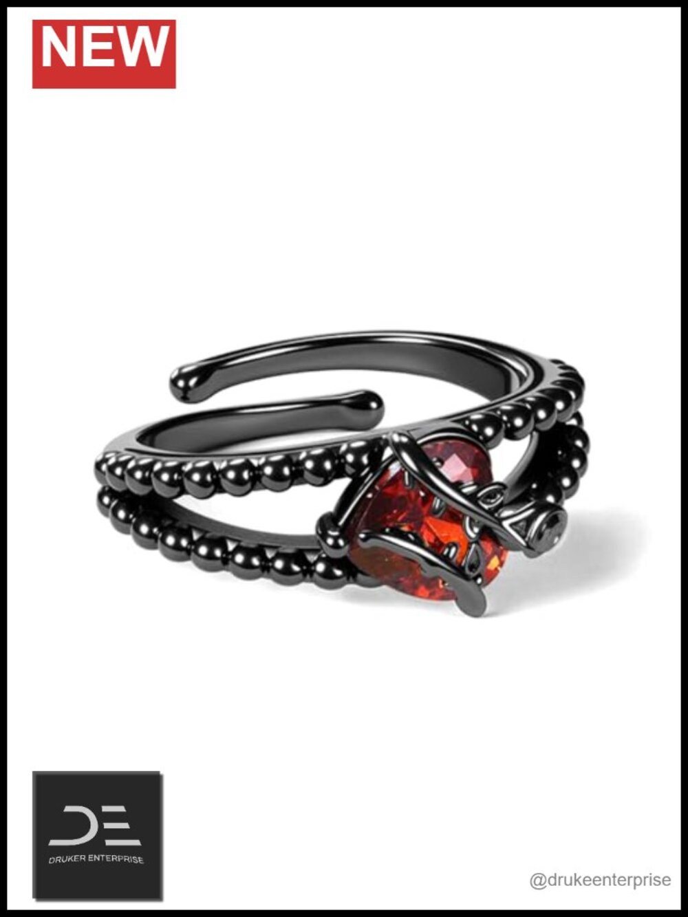 925 Sterling Silver Black Rose Heart Open Ring Adjustable Gothic Statement